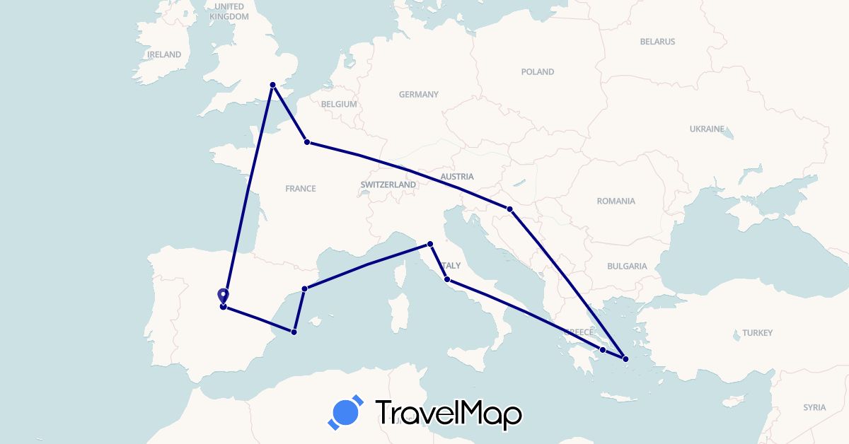 TravelMap itinerary: driving in Spain, France, United Kingdom, Greece, Croatia, Italy (Europe)